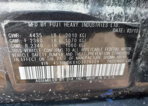 2013 Subaru Legacy 2.5I Limited из США, поврежденный, VIN 4S3BMBK6XD3038009